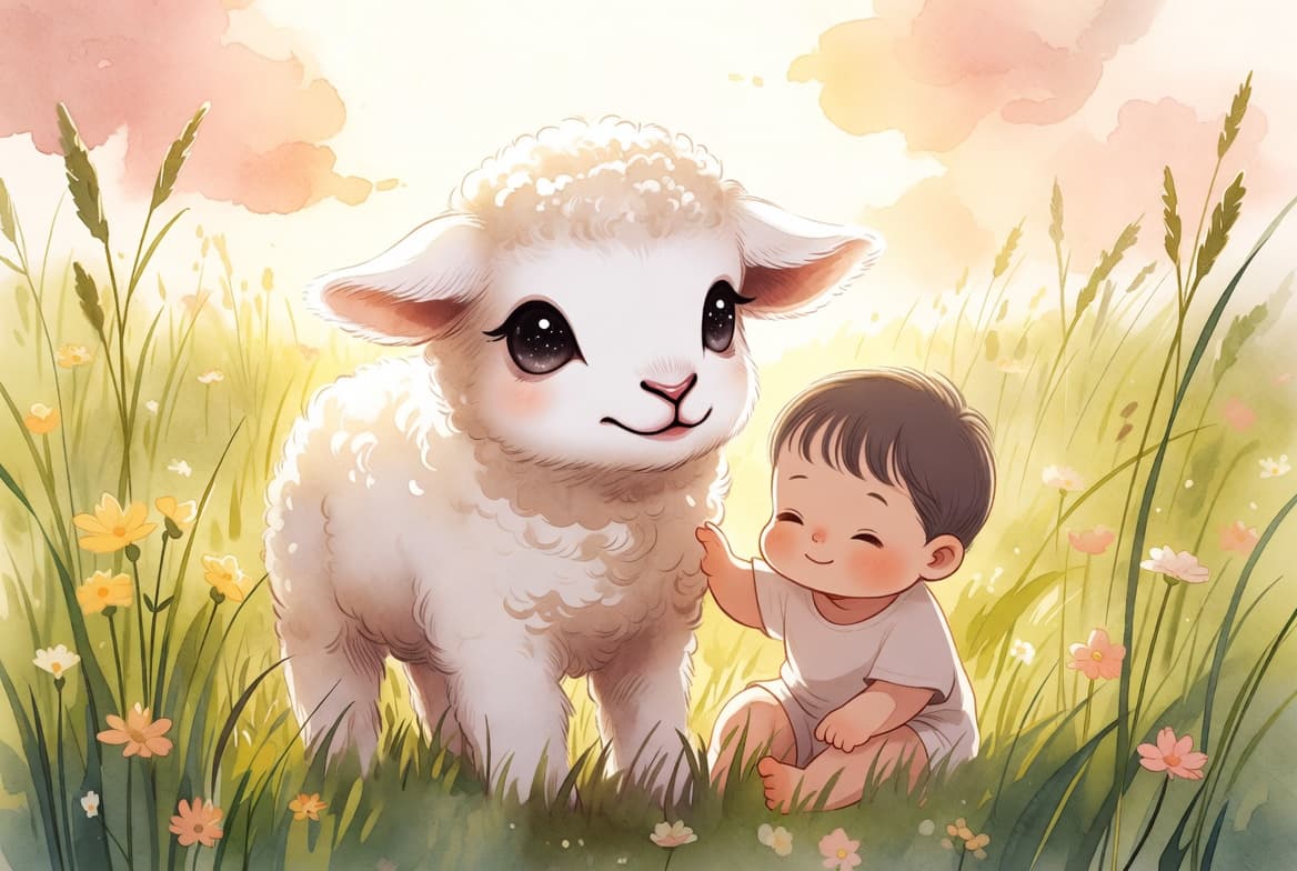 양띠 태명 추천 — 흰 양과 초록 들판 이미지