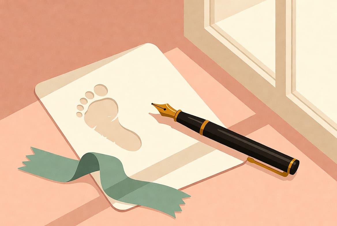 아기 발도장과 만년필, 세이지 리본이 놓인 출생신고 장면