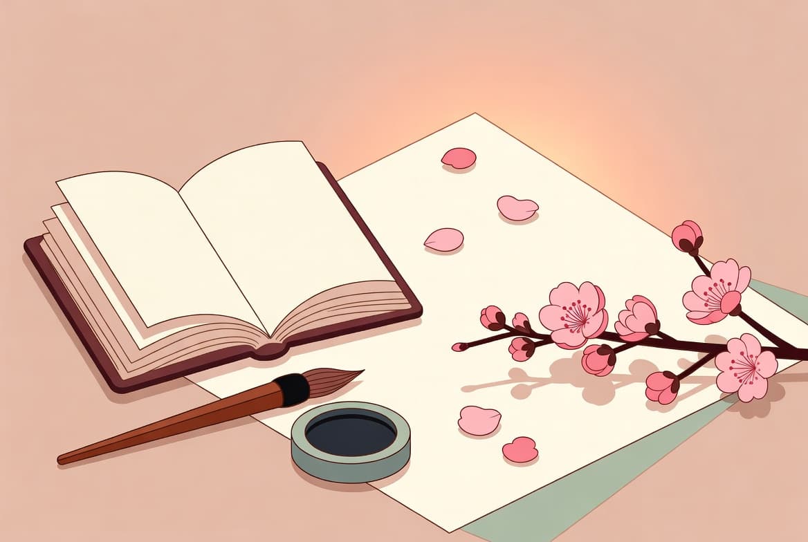 펼친 한국 전통 책과 붓, 벼루, 매화 꽃잎 일러스트