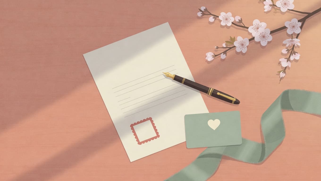 임신확인서, 만년필, 도장, 민트색 카드, 매화 가지가 놓인 따뜻한 책상 일러스트 — 국민행복카드 안내