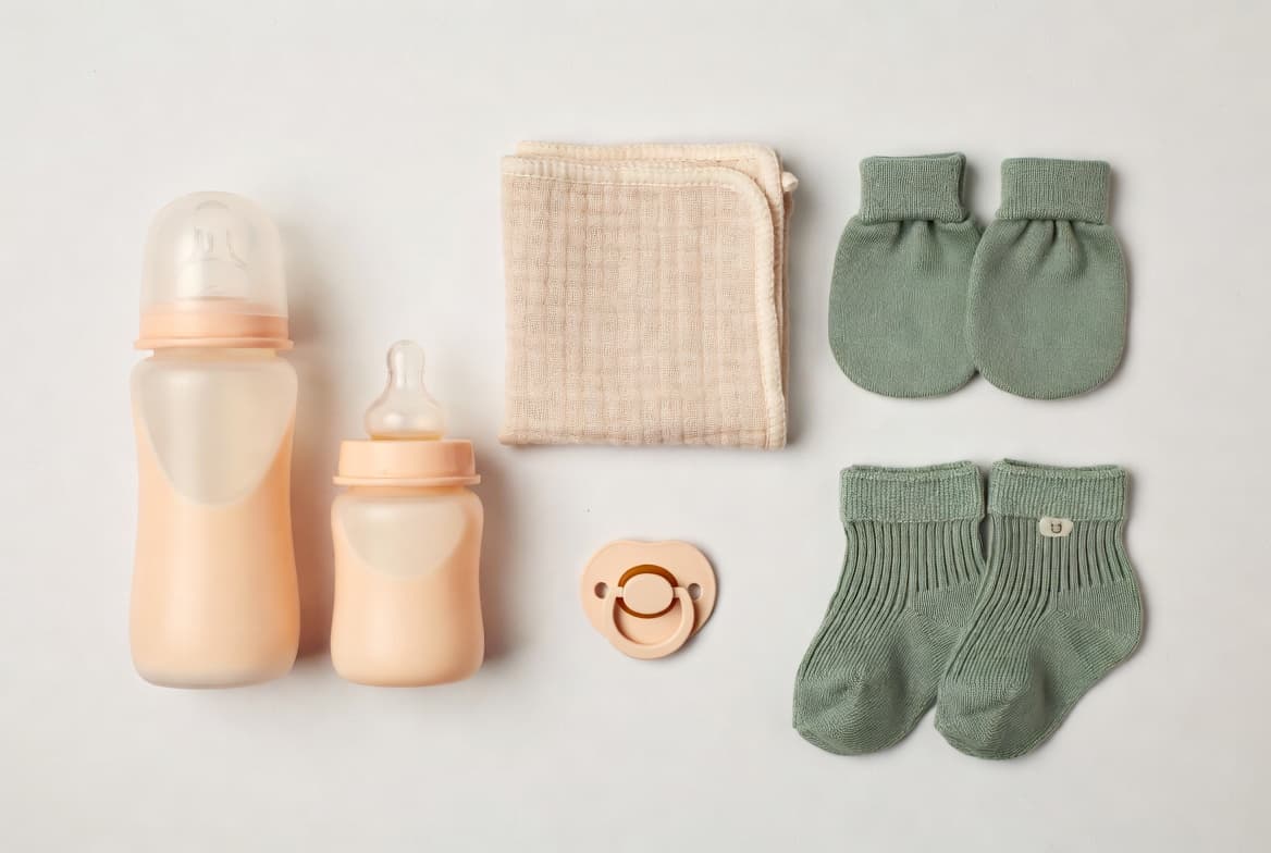 신생아 용품 플랫레이 — 젖병, 속싸개, 장갑, 공갈젖꼭지, 양말