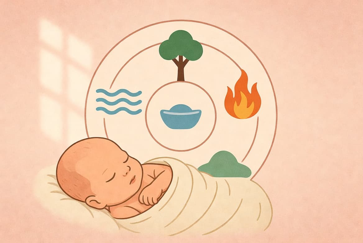 오행 원형 도식과 잠든 신생아 일러스트