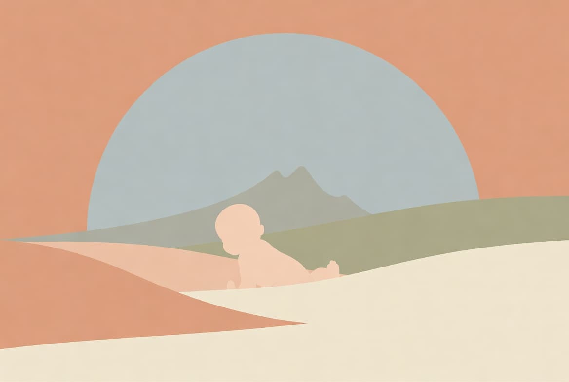 산과 해, 아기 실루엣 일러스트 — 최씨의 산 모티프