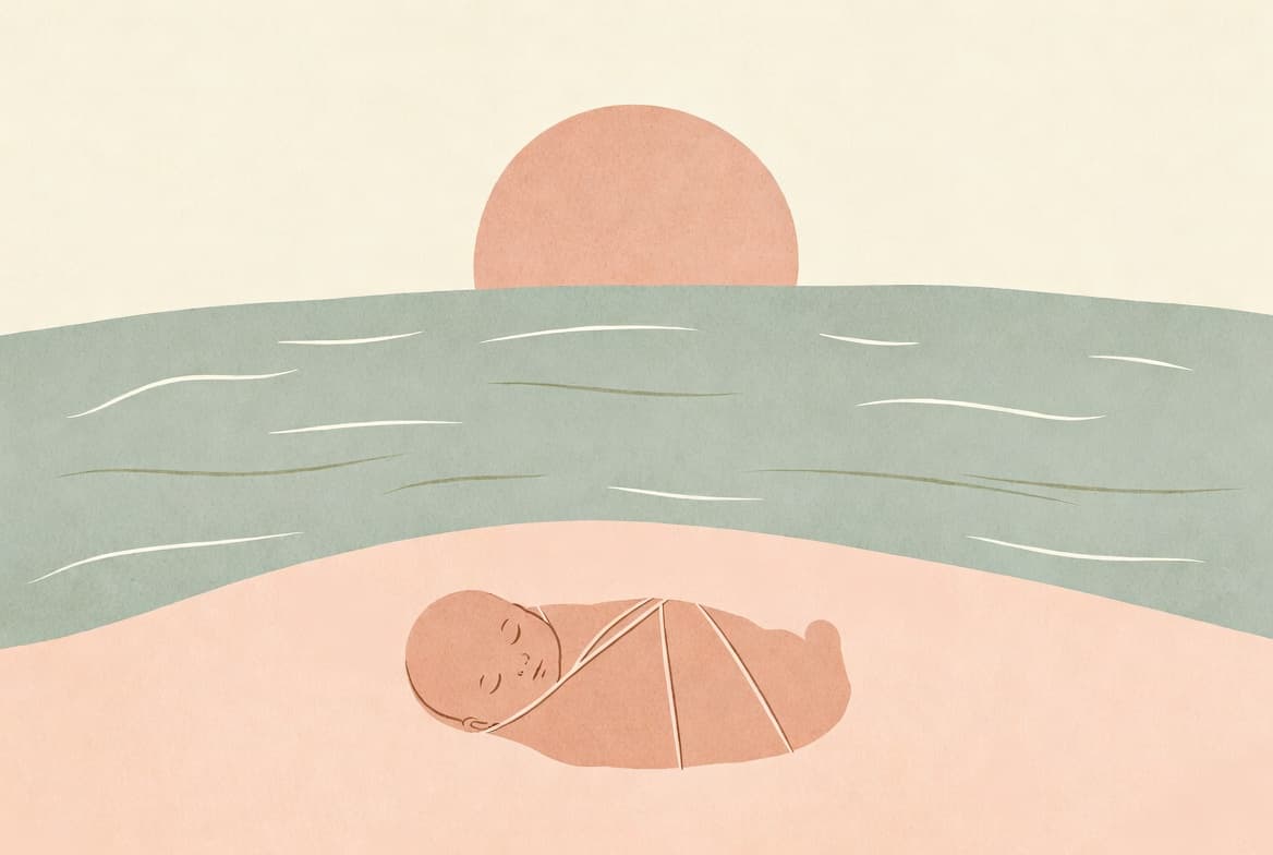 한자 姜(강)과 산·강 모티프, 아기 실루엣 일러스트