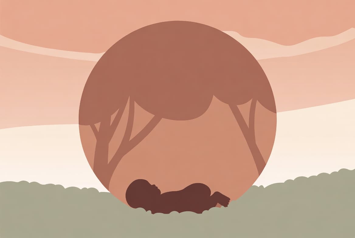 한자 朴(박)과 나무 아래 아기 실루엣 일러스트