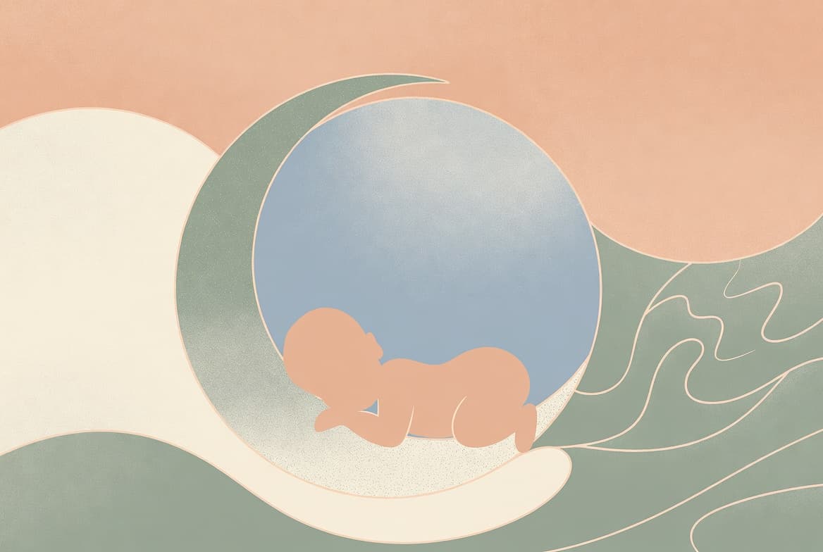 한자 尹(윤)과 달빛, 아기 실루엣 파스텔 일러스트