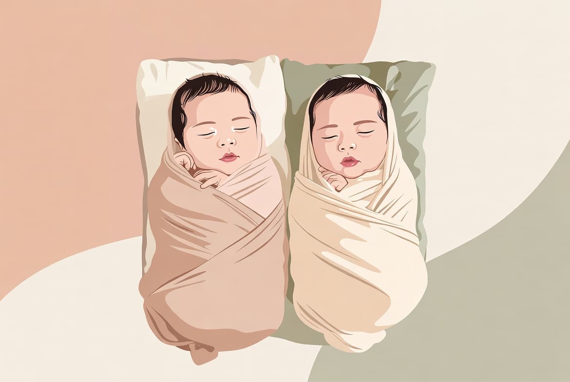 쌍둥이 아기 두 명이 나란히 있는 파스텔 일러스트