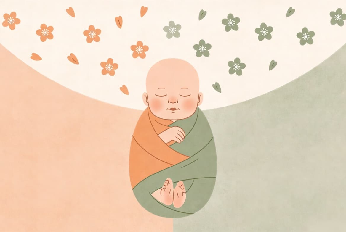 남녀 경계 없이 부드럽게 이어진 리본과 아기 실루엣 일러스트