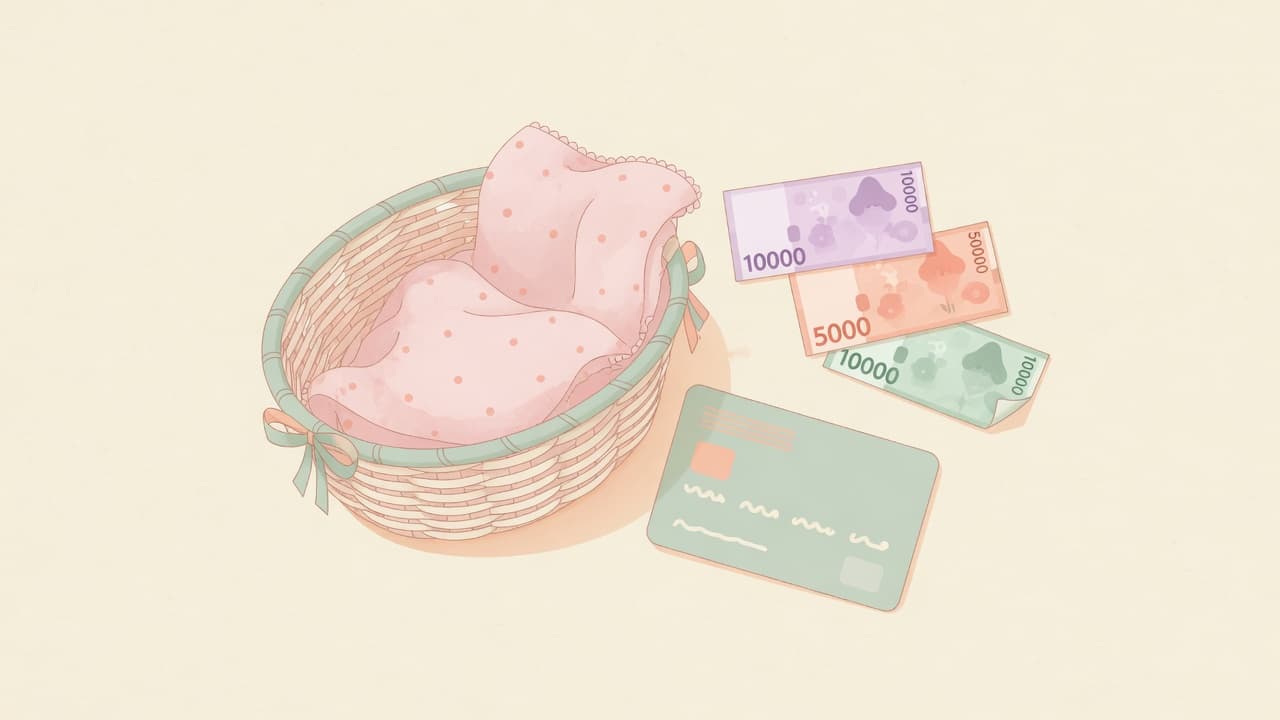아기 바구니 옆에 놓인 카드와 지폐 — 첫만남이용권 이미지