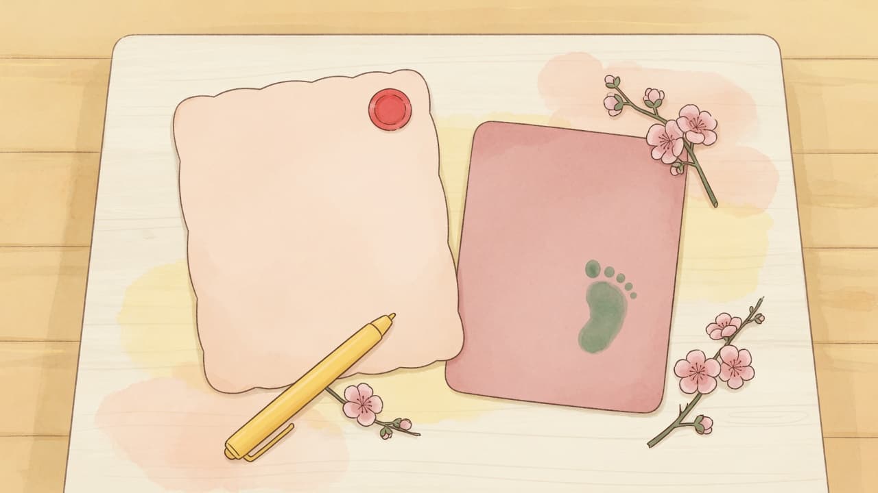파스텔 톤 일러스트 — 빈 문서 두 장, 빨간 도장, 노란 펜, 매화 가지, 아기 발도장이 놓인 따뜻한 책상