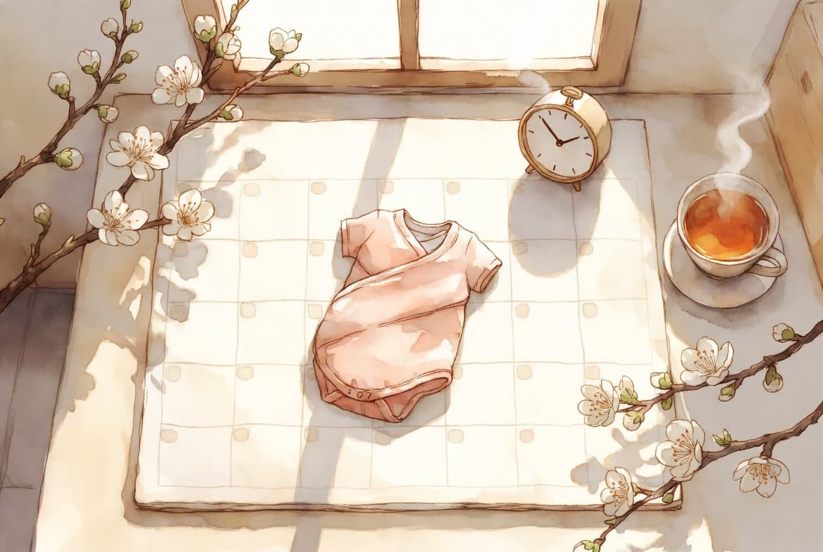 파스텔 톤 일러스트 — 햇빛 드는 창가의 캘린더 위 분홍 아기 옷, 작은 시계, 따뜻한 차, 매화 가지