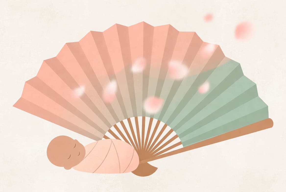 한자 張(장)의 '펼치다' 의미를 담은 한국 전통 부채와 아기 일러스트